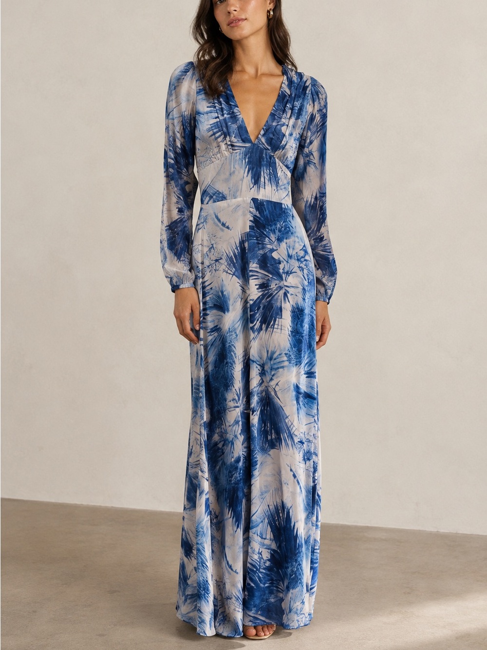 Reformation Blue Palm Print Maxi Dress Long Sleeve Boho Resort Beach Vacation